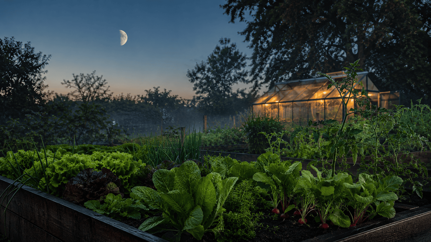 Gemüsegarten mit Salat, Kräutern, Radieschen, jungen Tomaten und zunehmendem Mond in der Abenddämmerung