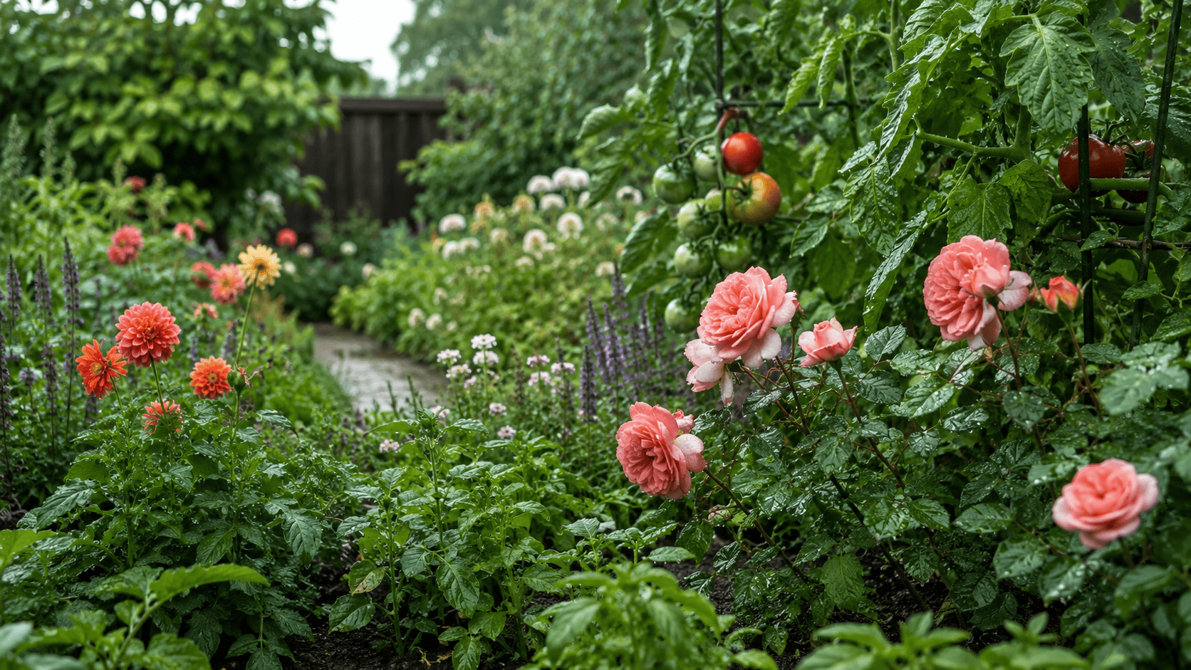 Sommergarten nach Regen mit Tomaten, Rosen, Dahlien und nassen Blättern