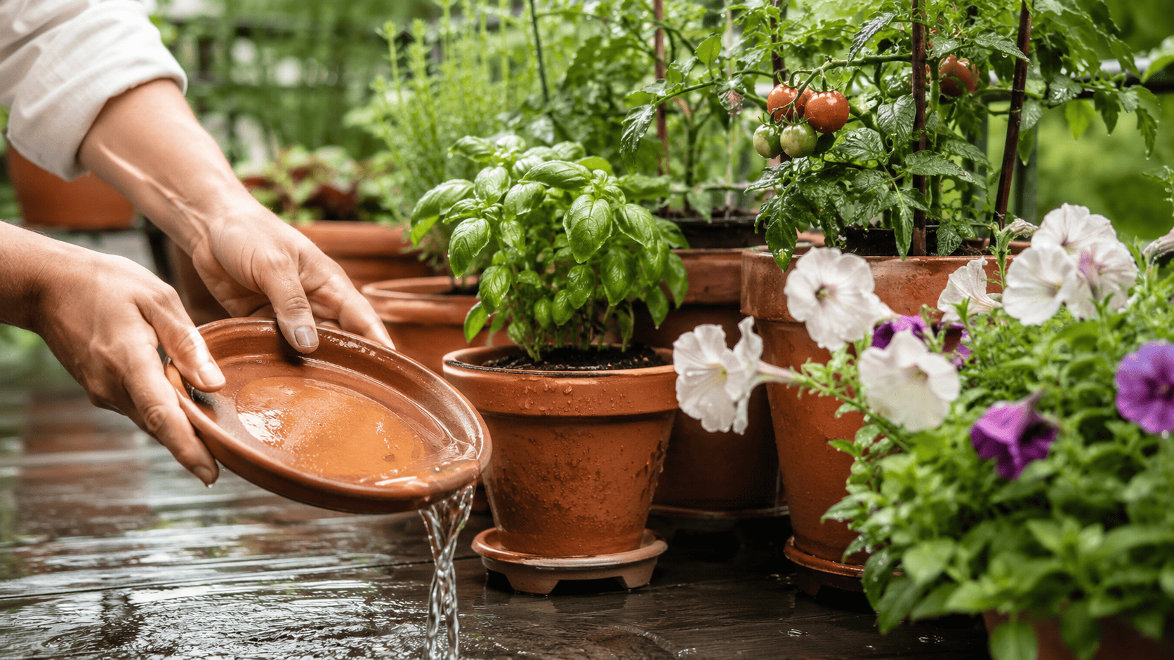 Hände leeren nach Regen Wasser aus einem Untersetzer bei Balkonpflanzen