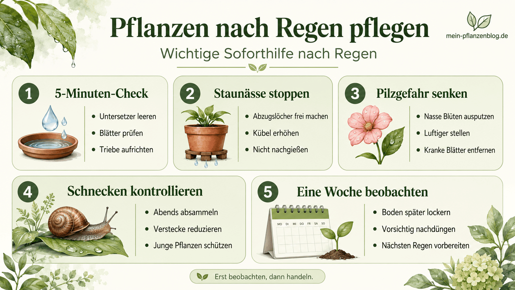 Infografik Pflanzen nach Regen pflegen mit fünf wichtigen Sofortmaßnahmen