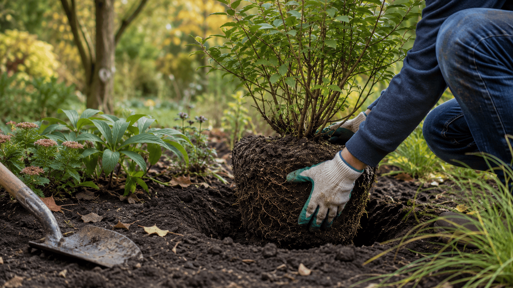 Gartenpflanze wird ohne sichtbares Gesicht mit Handschuhen und großem Wurzelballen versetzt