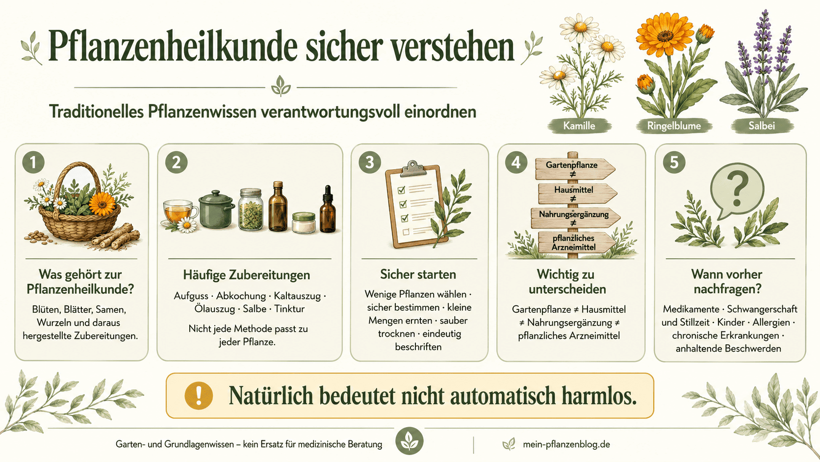 Infografik zur sicheren Einordnung von Pflanzenheilkunde mit Zubereitungsformen, Sicherheitsregeln und wichtigen Unterschieden