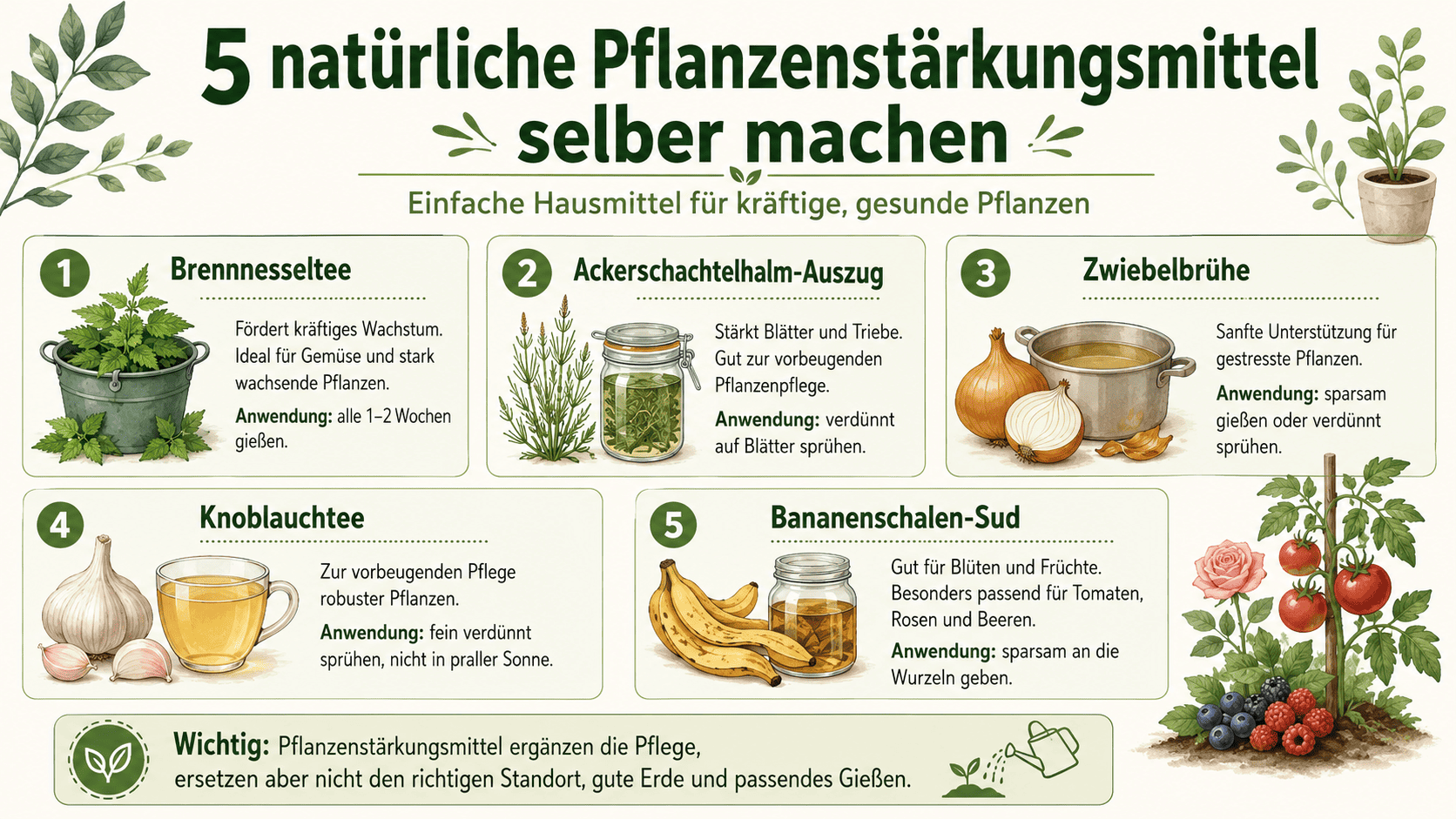 Infografik mit fünf natürlichen Pflanzenstärkungsmitteln: Brennnesseltee, Ackerschachtelhalm-Auszug, Zwiebelbrühe, Knoblauchtee und Bananenschalen-Sud