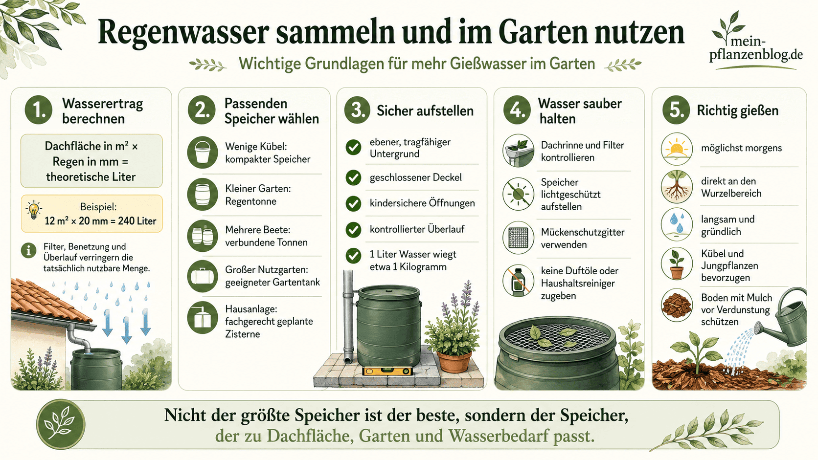 Infografik mit Berechnung, Speicherauswahl, Sicherheitsregeln und Gießtipps für gesammeltes Regenwasser