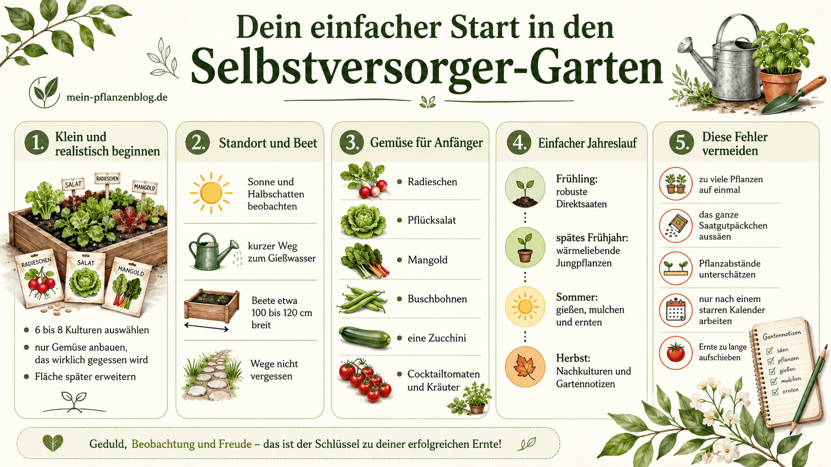 Infografik mit den wichtigsten Schritten für den Einstieg in den Selbstversorger-Garten