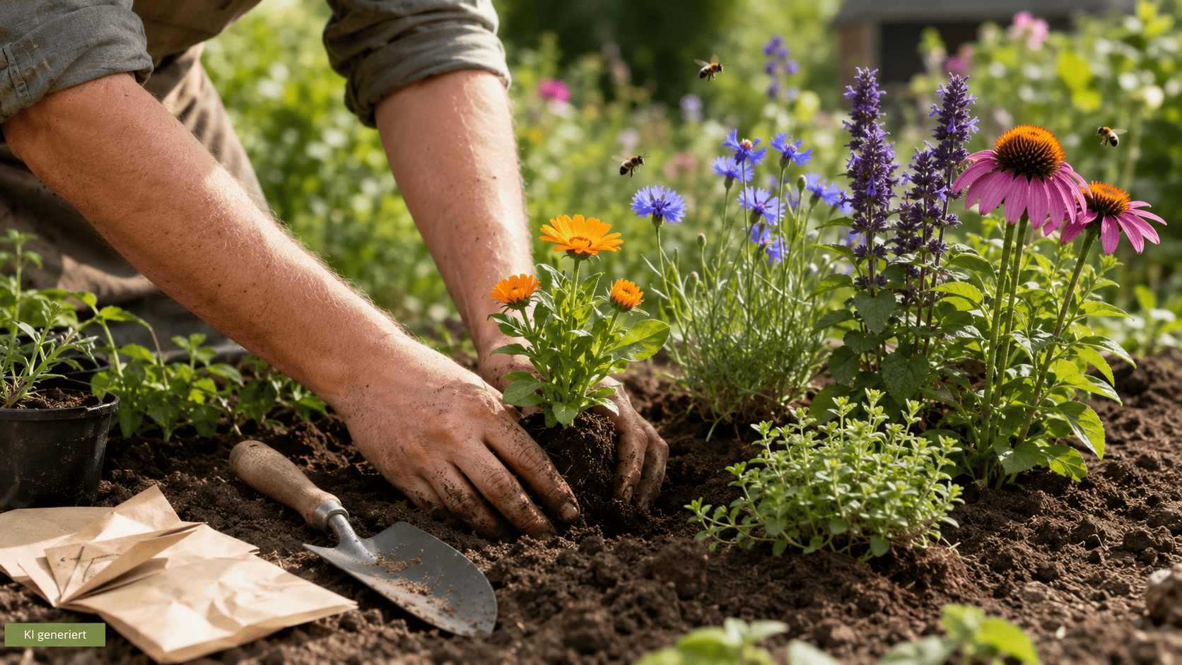 Hände beim Einpflanzen von Ringelblumen, Kornblumen, Duftnessel, Oregano und Purpursonnenhut