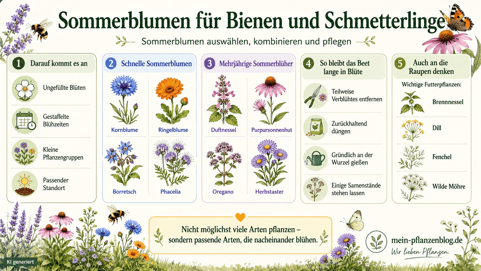 Infografik zu Sommerblumen, Blühfolge, Beetpflege und wichtigen Raupenfutterpflanzen