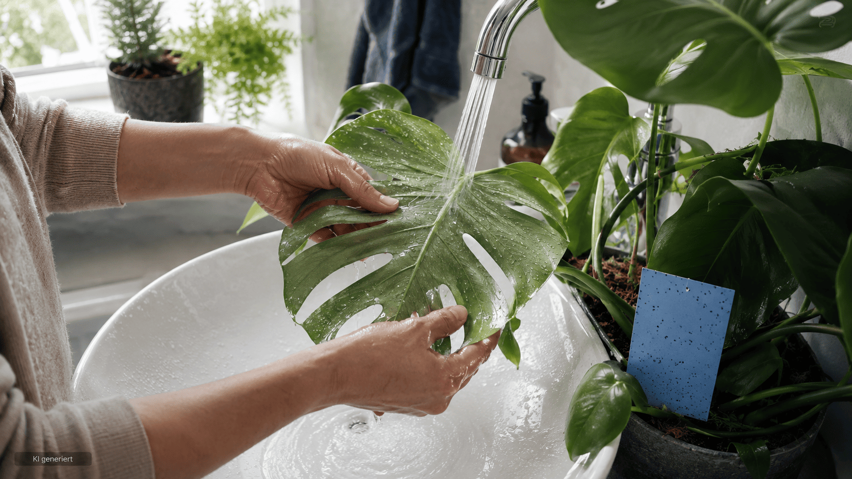 Monstera-Blätter werden zur Verringerung eines Thrips-Befalls gründlich mit Wasser abgespült