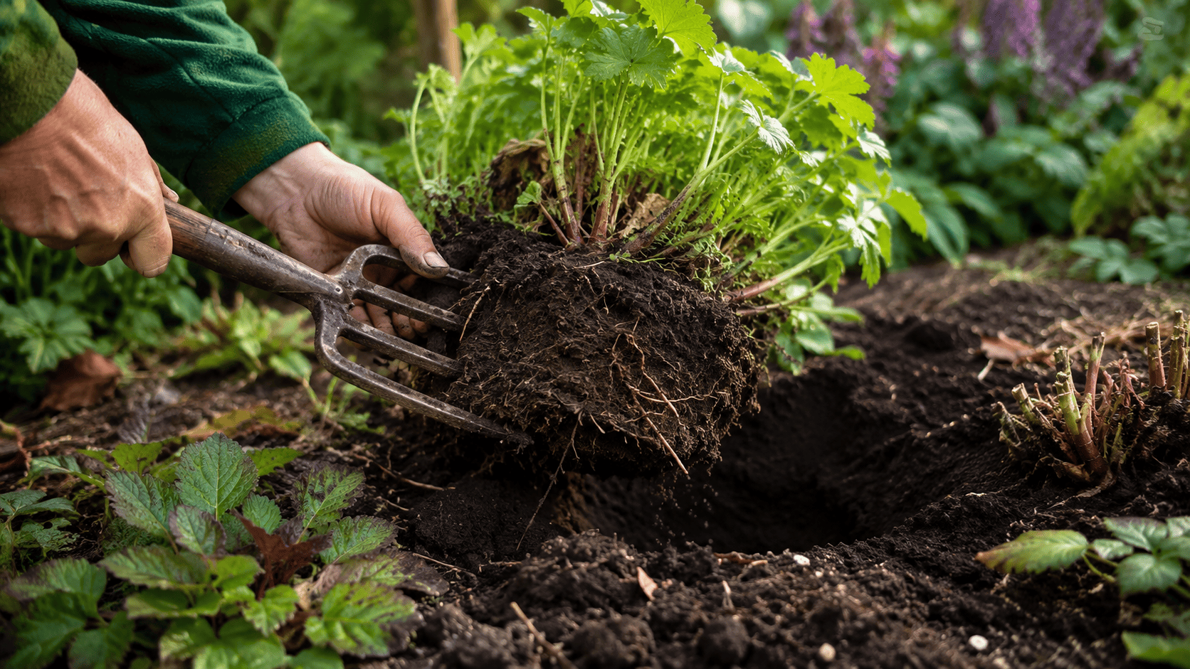 Frisch versetzter junger Strauch wird im Garten vorsichtig angegossen