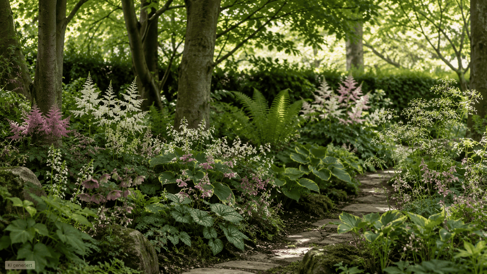 Blühendes Schattenbeet mit Astilben, Elfenblumen, Brunnera, Funkien und Farnen unter alten Laubbäumen