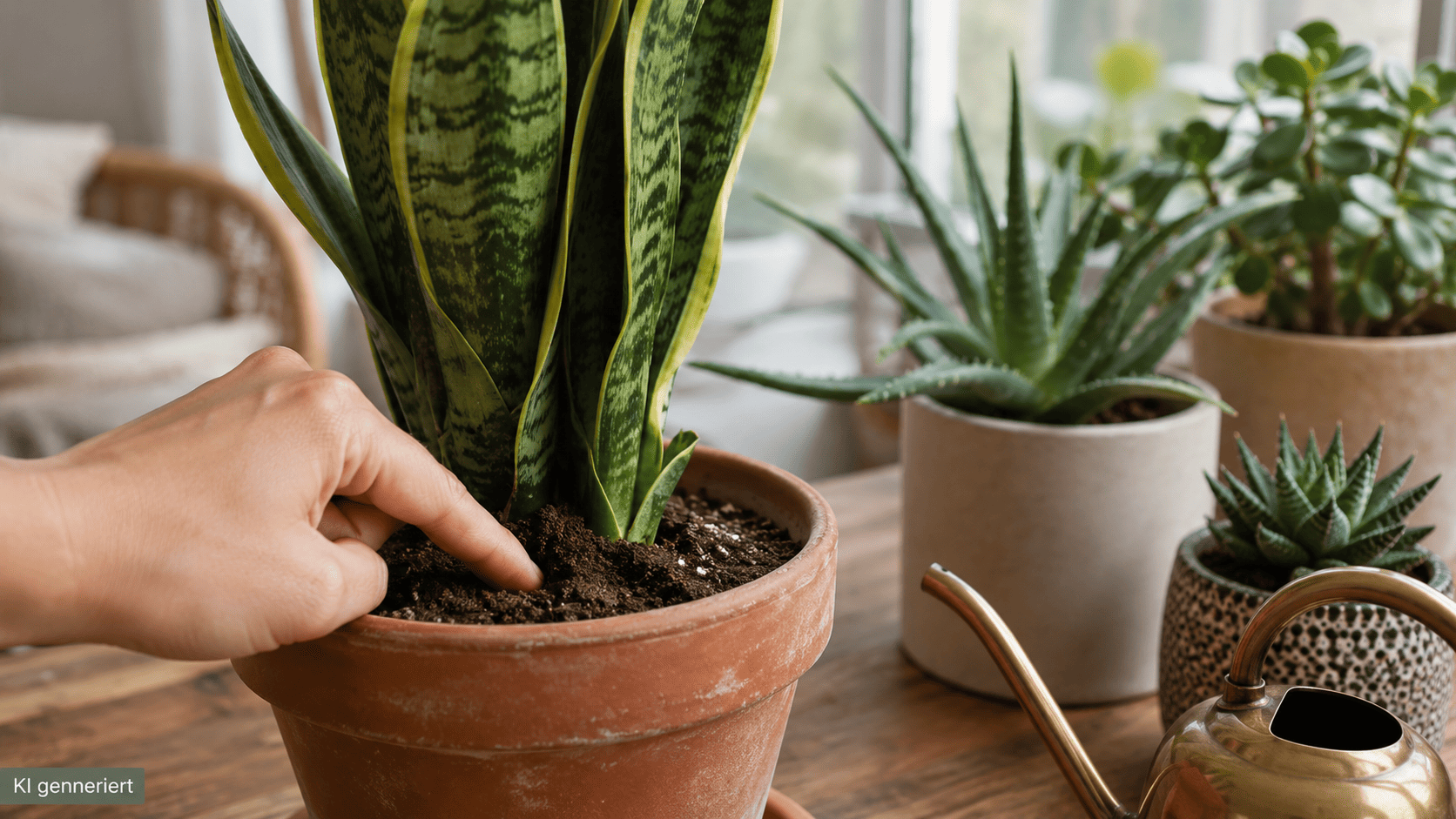 Finger prüft die Feuchtigkeit der Erde in einem Bogenhanf-Topf neben Aloe vera, Geldbaum, Haworthia und einer kleinen Gießkanne
