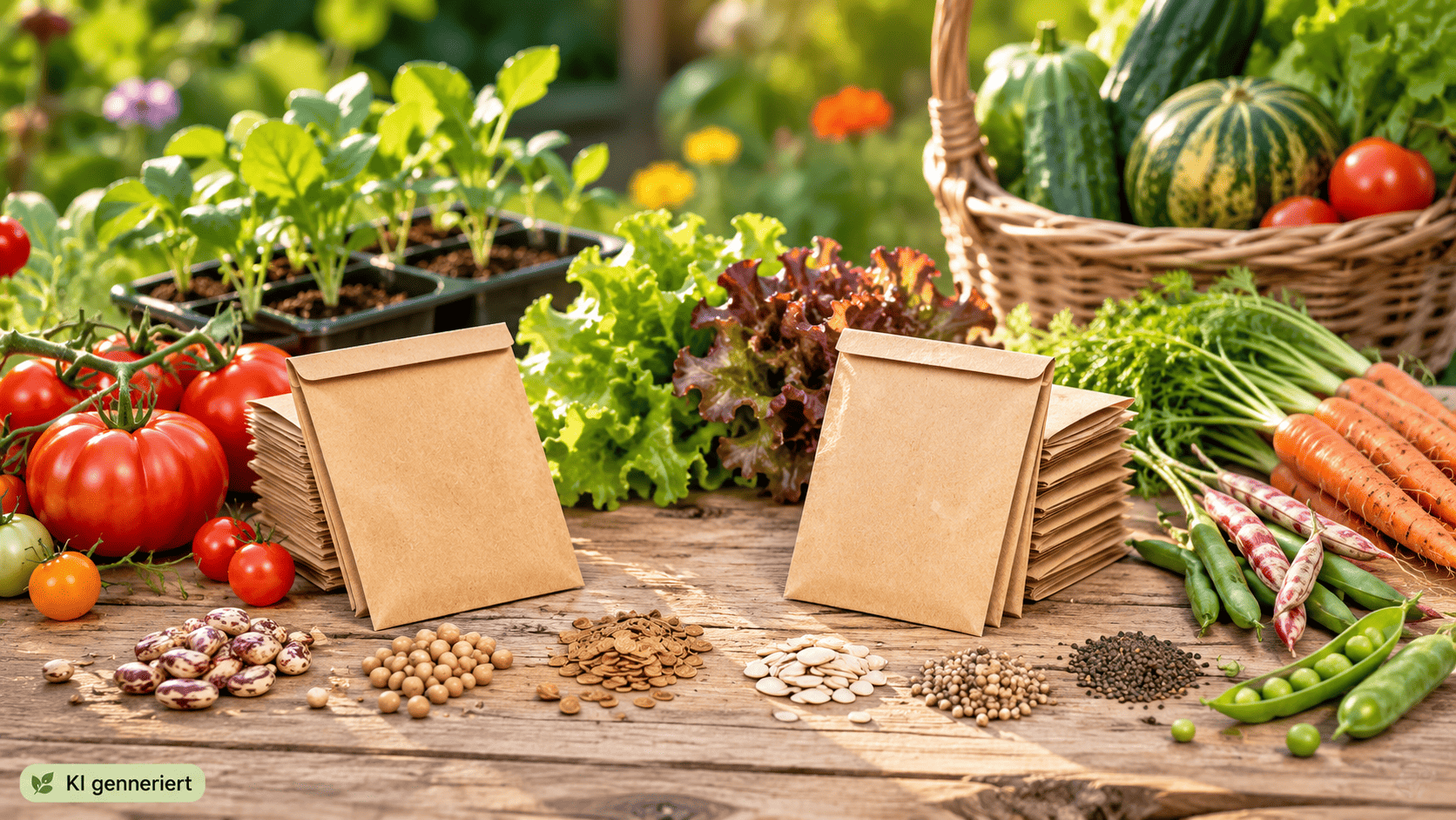 Hände beim Sortieren von Bohnen, Erbsen, Tomatensamen und getrockneten Samenständen