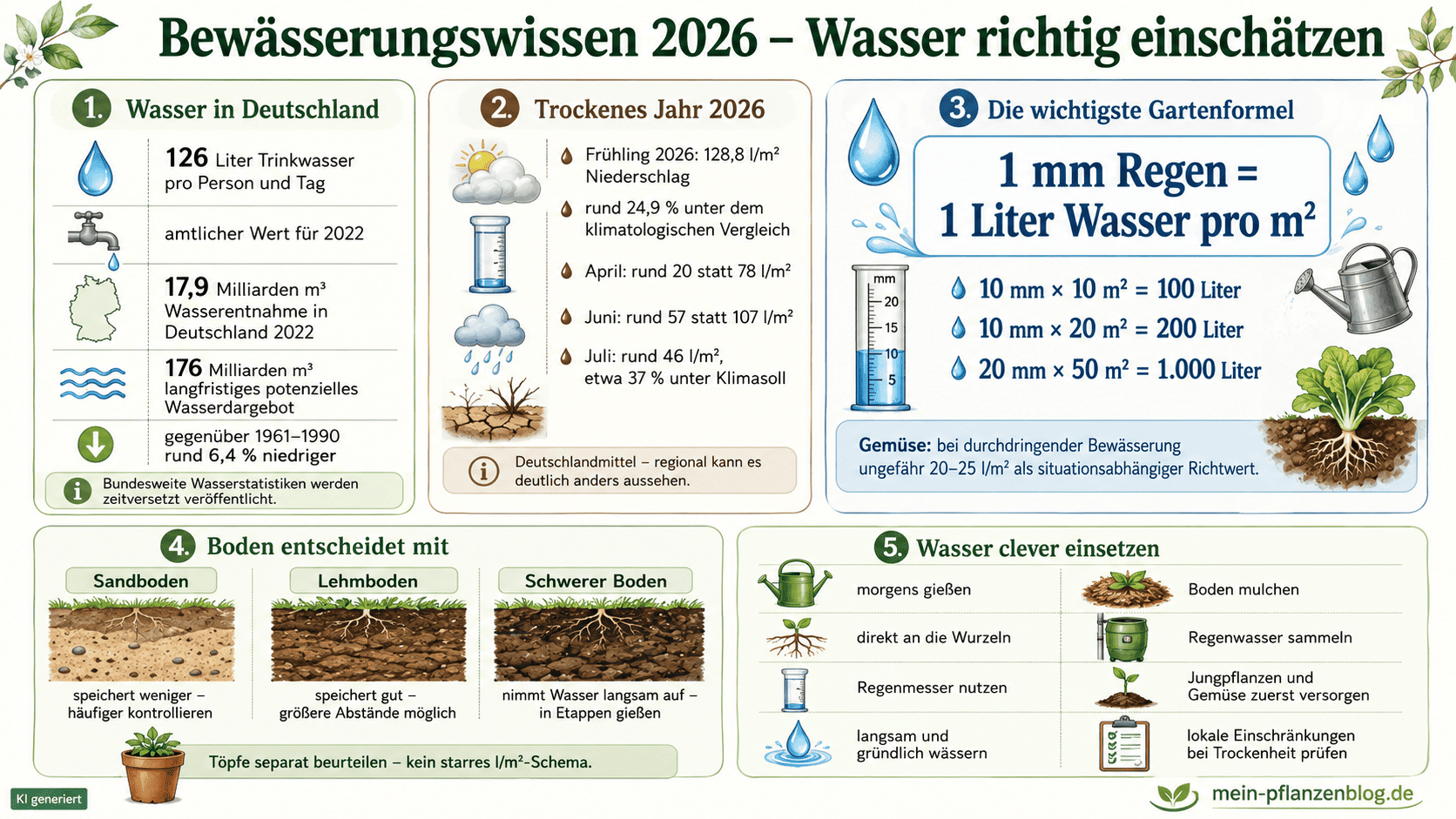 Infografik Bewässerungswissen 2026 mit Wasserstatistiken, Regenformel, Bodenarten und Wasserspartipps