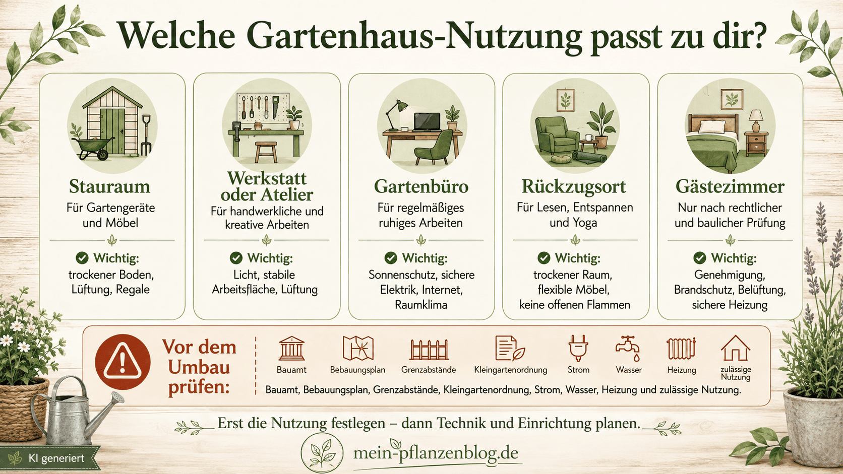 Infografik mit fünf möglichen Nutzungen für ein Gartenhaus