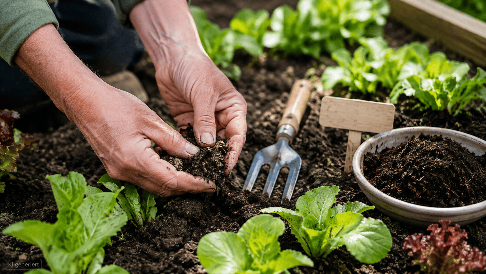 Grundausstattung für den Gemüsegarten mit Gießkanne, Pflanzkelle, Handkultivator, Gartenschere und Pflanzleine neben einem bepflanzten Hochbeet