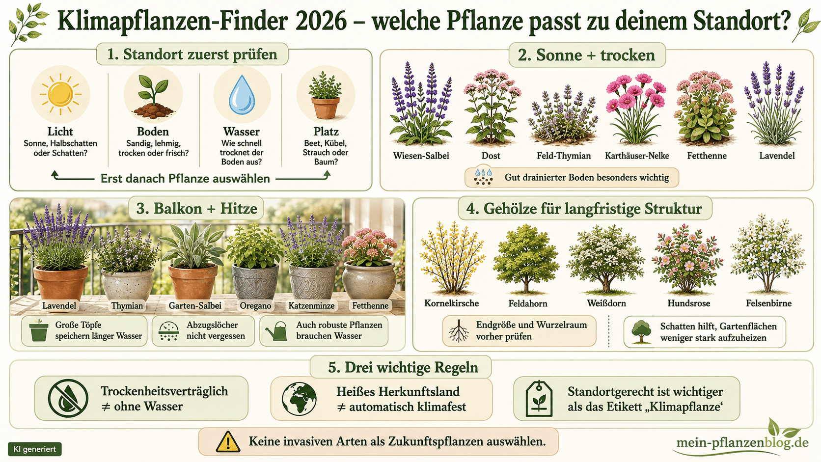 Infografik zum Klimapflanzen-Finder mit Standortprüfung, trockenheitsverträglichen Pflanzen, Balkonpflanzen und Gehölzen