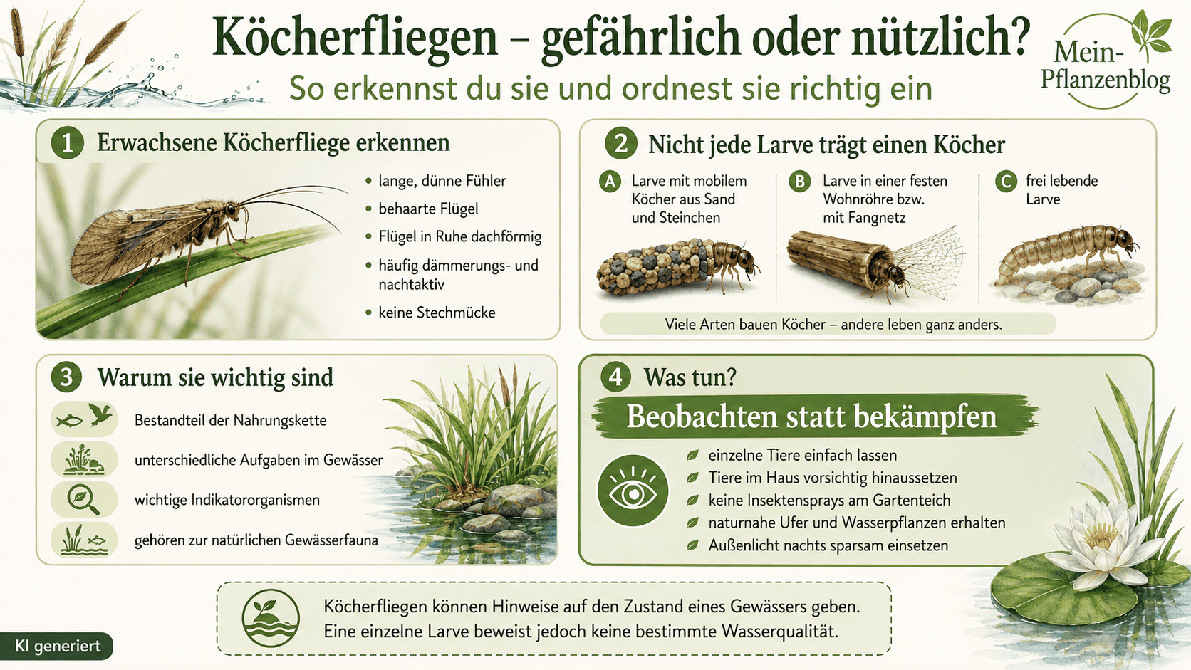 Infografik über Merkmale, Larvenformen und ökologische Bedeutung von Köcherfliegen