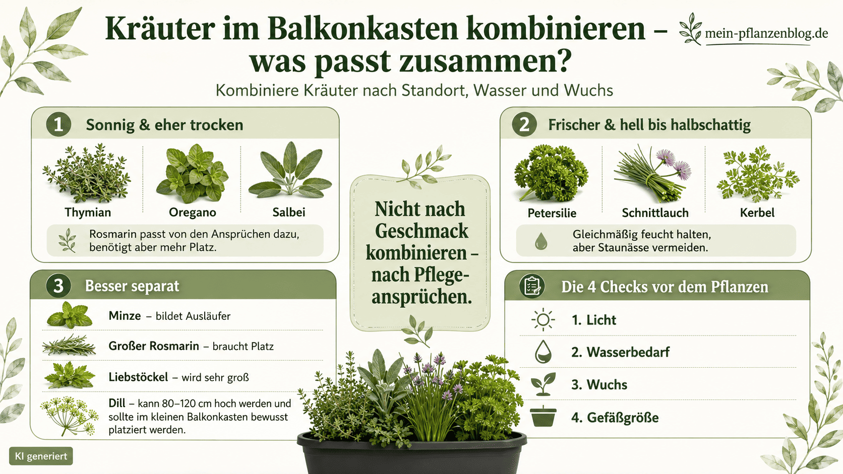 Infografik zu passenden Kräutergruppen, separater Pflanzung und wichtigen Checks vor dem Bepflanzen eines Balkonkastens