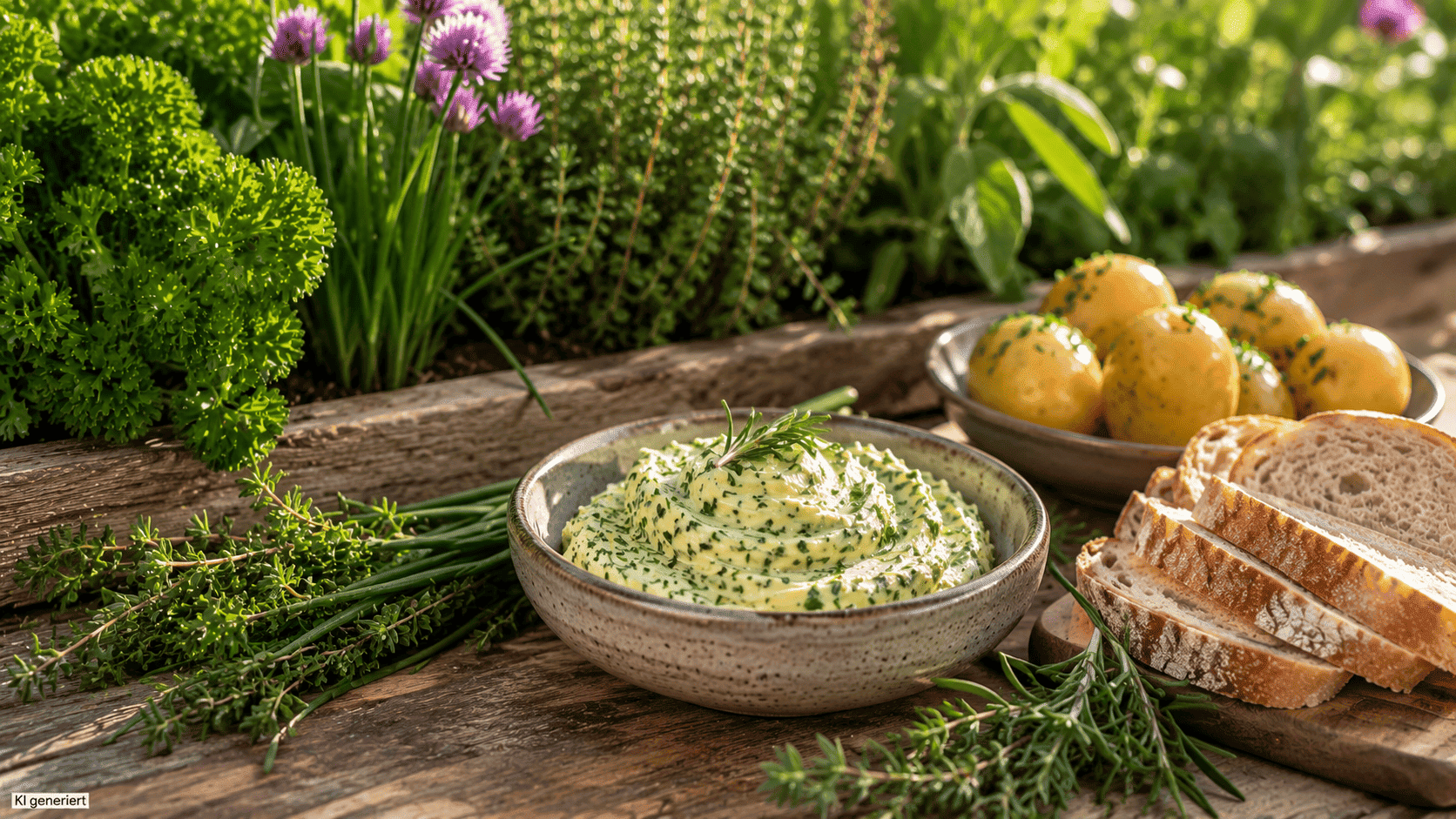Cremige Kräuterbutter mit Petersilie, Schnittlauch, Thymian und Rosmarin auf einem rustikalen Gartentisch