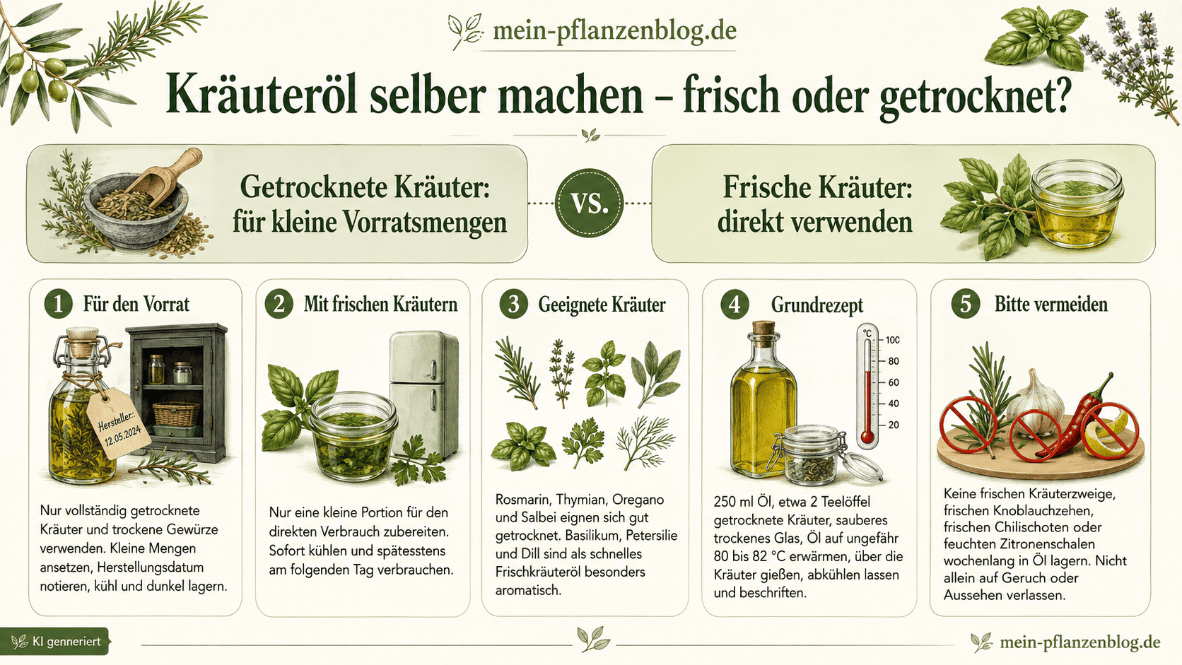 Infografik zum Unterschied zwischen Kräuteröl mit frischen und getrockneten Kräutern