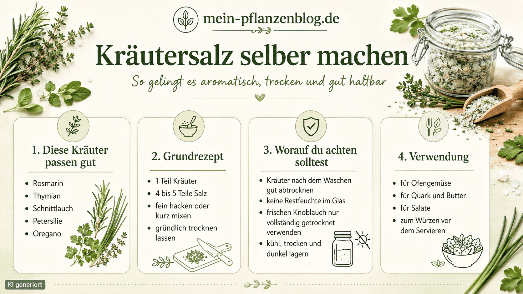 Infografik zu geeigneten Kräutern, dem Grundrezept, sicherer Trocknung und Verwendung von selbstgemachtem Kräutersalz