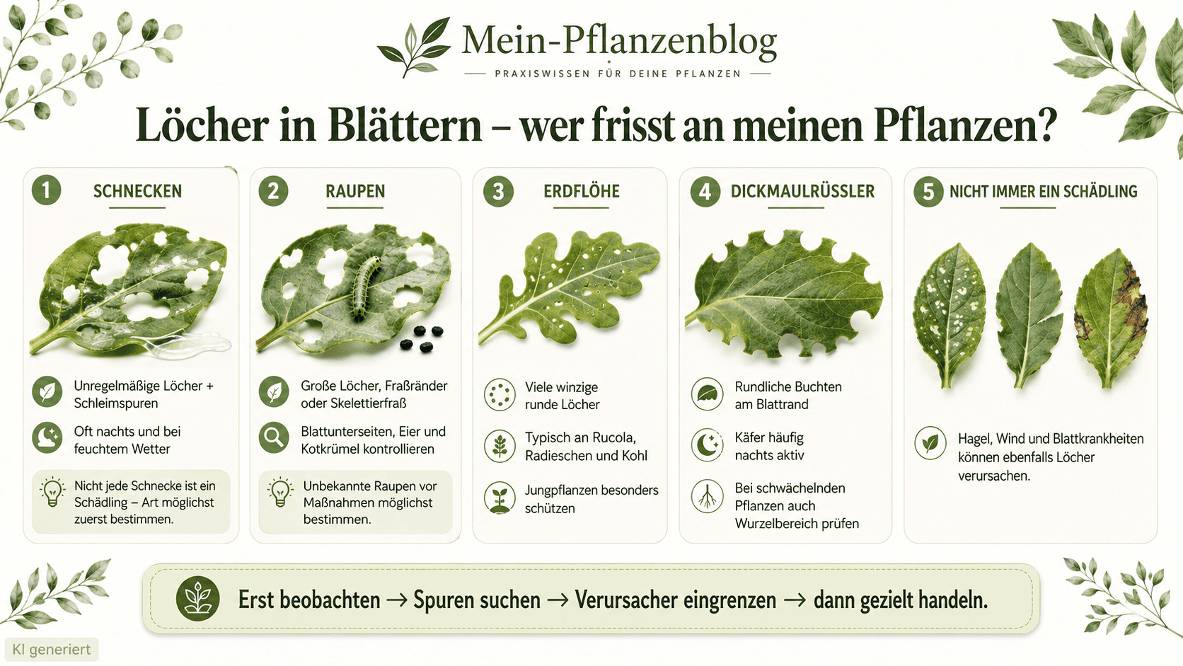Infografik zu Schnecken, Raupen, Erdflöhen, Dickmaulrüsslern und anderen Ursachen für Löcher in Blättern