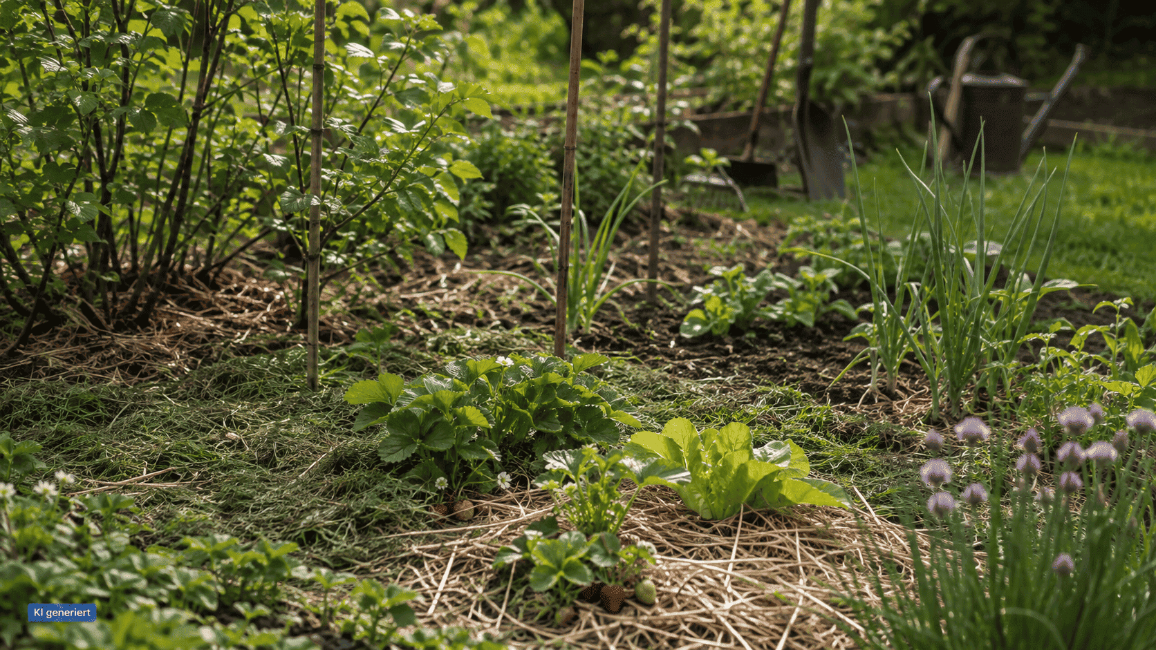 Verschiedene natürliche Mulchmaterialien wie Rasenschnitt, Stroh, Laub und Häckselgut neben einem Gartenbeet
