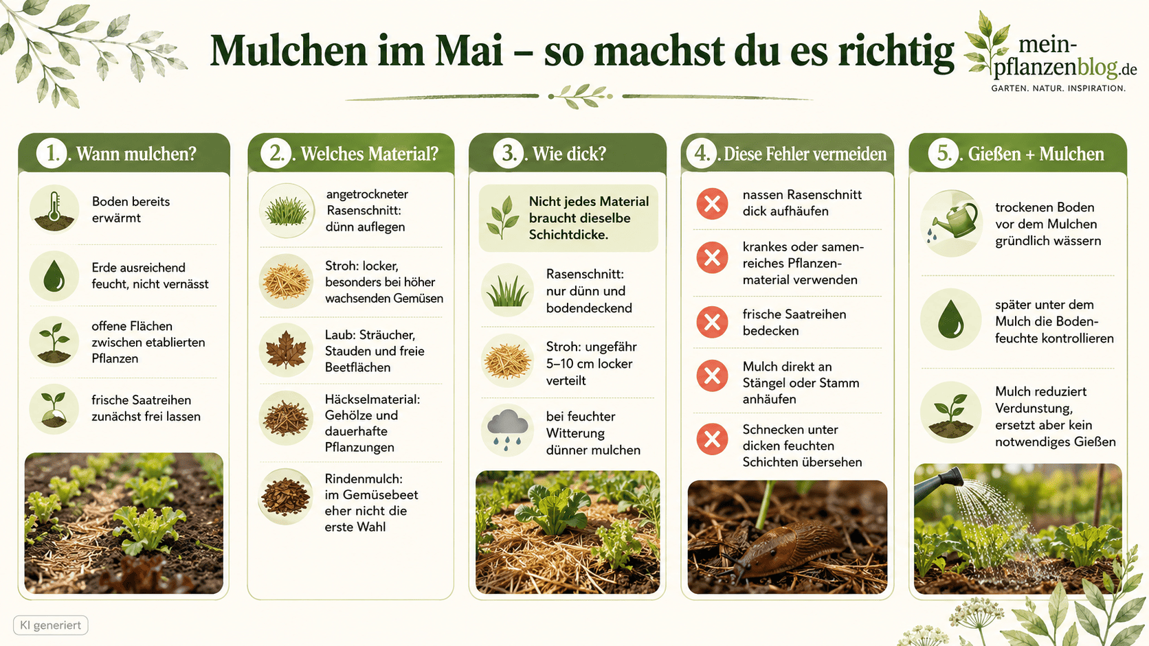 Infografik zum richtigen Mulchen im Mai mit Vorbereitung, Materialwahl, Schichtdicke und Kontrolle