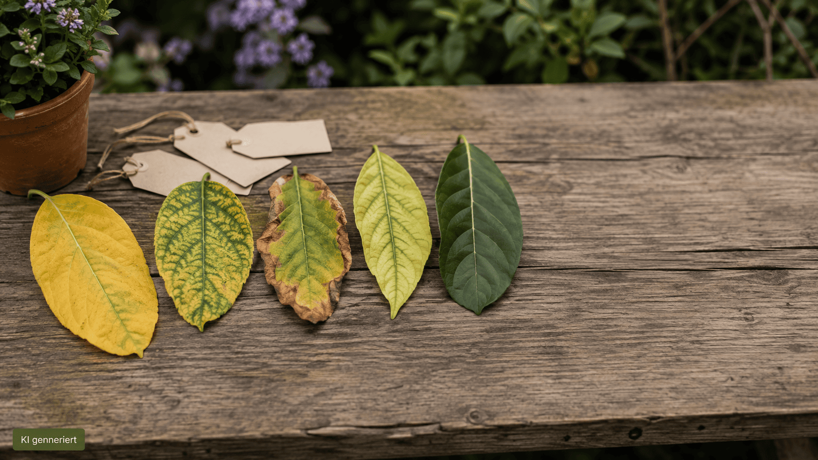 Verschiedene Blattbilder bei Stickstoff-, Magnesium-, Kalium- und Eisenmangel im Vergleich