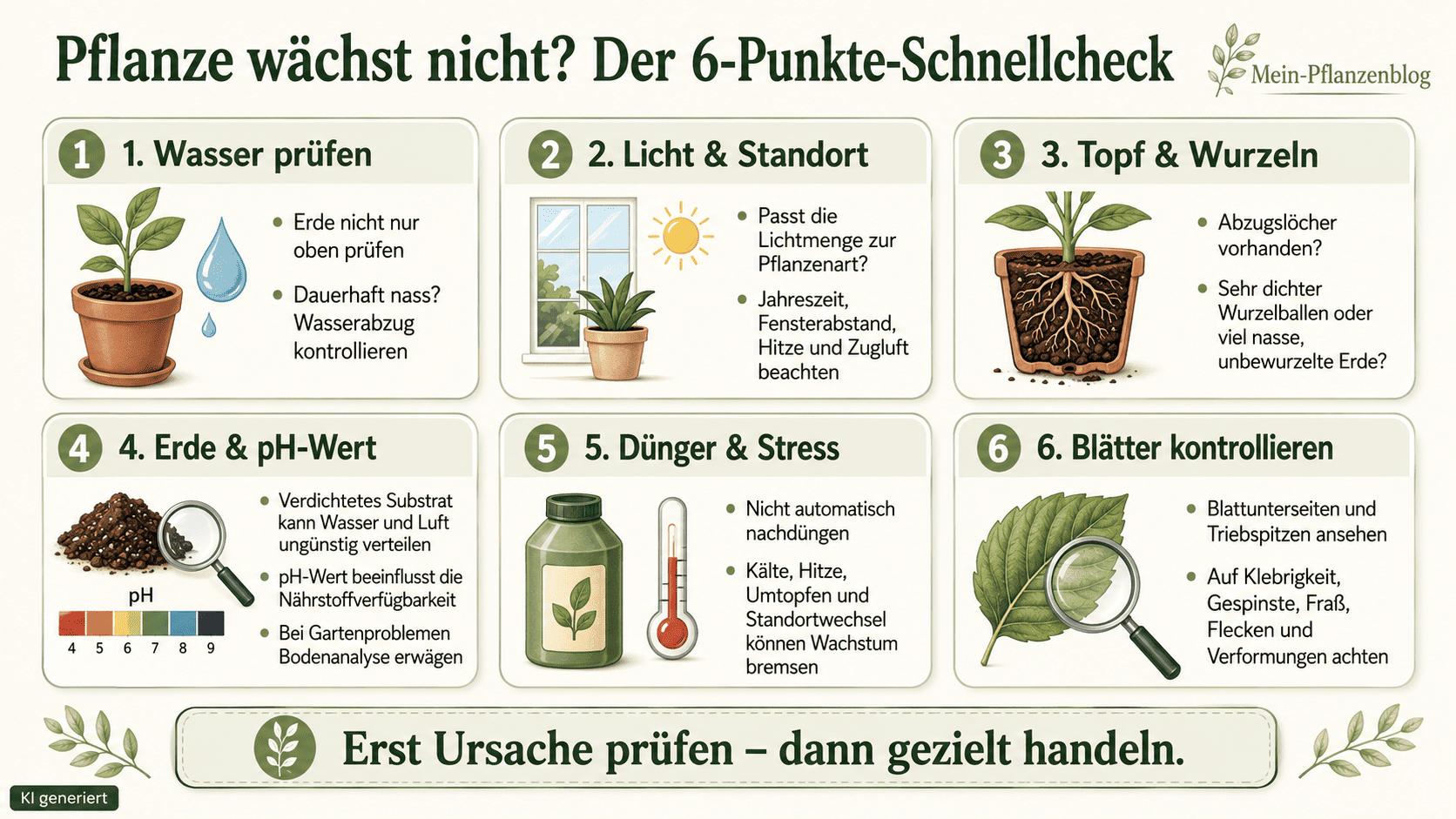 Infografik mit einem geordneten Schnellcheck bei Wachstumsstopp von Pflanzen