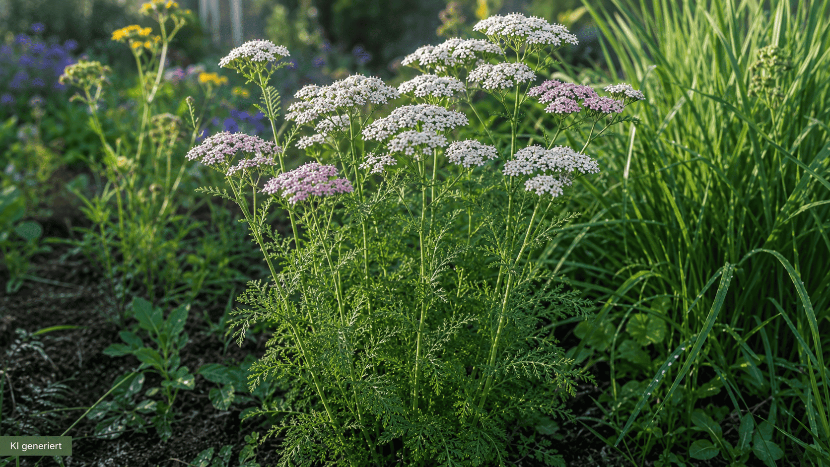 Weiße und zartrosa blühende Schafgarbe mit fein gefiederten Blättern in einem sonnigen Naturgarten