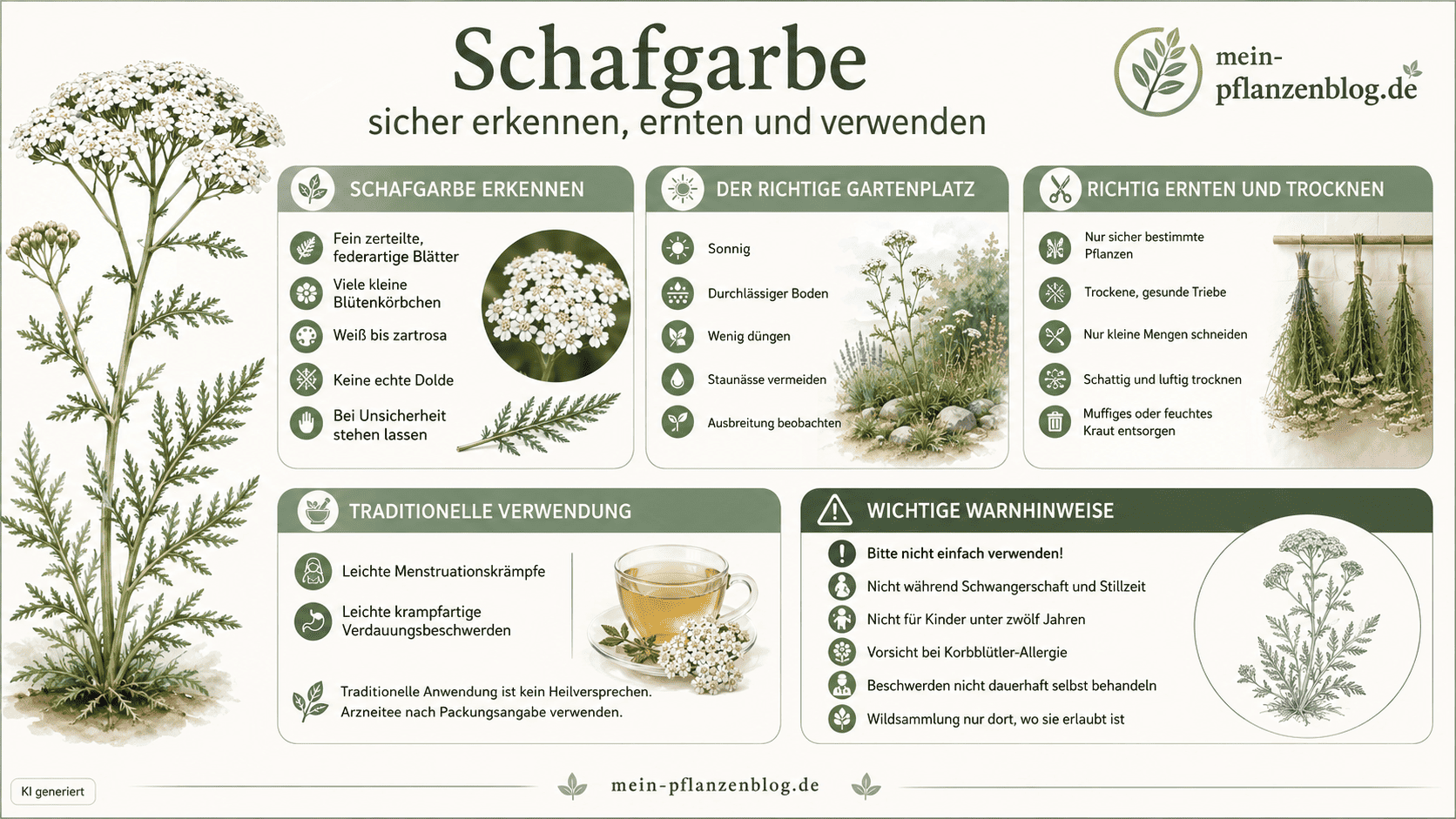 Infografik zum Erkennen, Anbauen, Ernten und verantwortungsvollen Verwenden von Schafgarbe