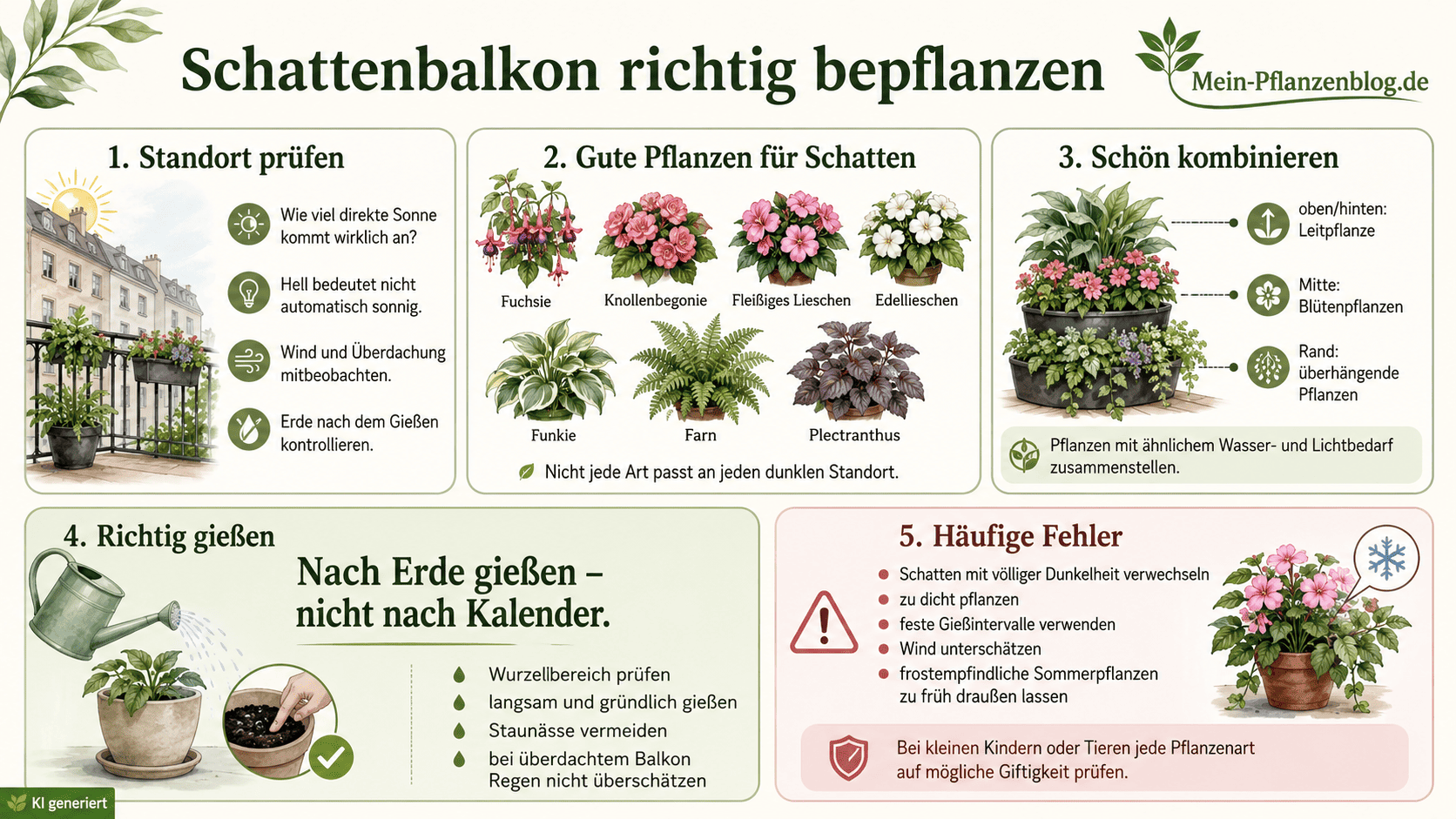 Infografik mit Standortcheck, Schattenpflanzen, Pflanzaufbau, Gießregeln und typischen Fehlern
