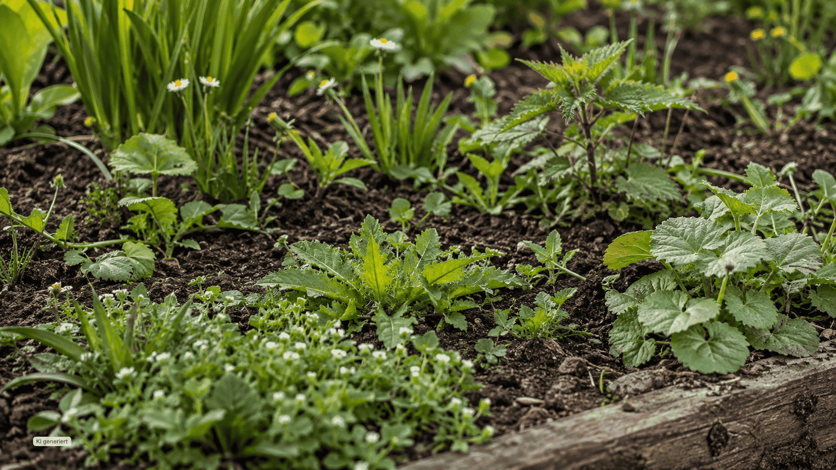 Essbare Wildkräuter wie Löwenzahn, Gänseblümchen und Brennnesseln in einem Frühlingsbeet