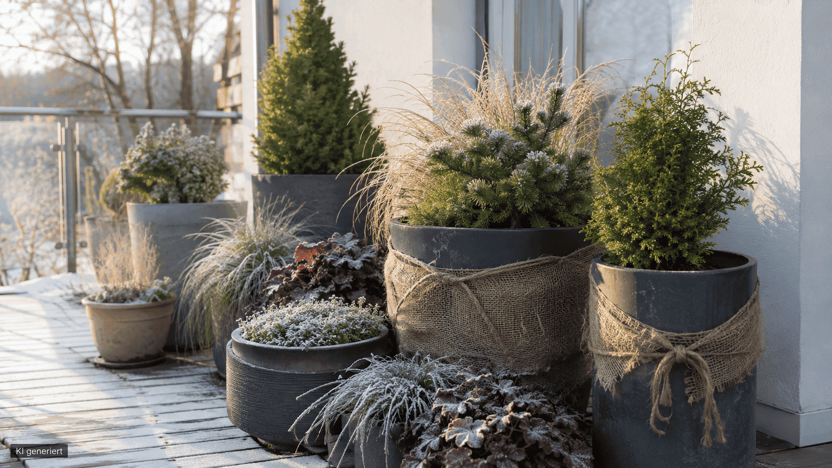 Winterlicher Balkon mit geschützten Kübeln, Gräsern, Purpurglöckchen und kleinen immergrünen Gehölzen