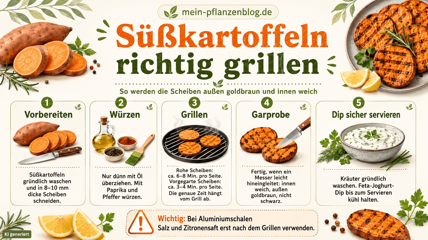 Infografik mit fünf Schritten zum sicheren Grillen von Süßkartoffelscheiben und zum Kühlen des Feta-Dips