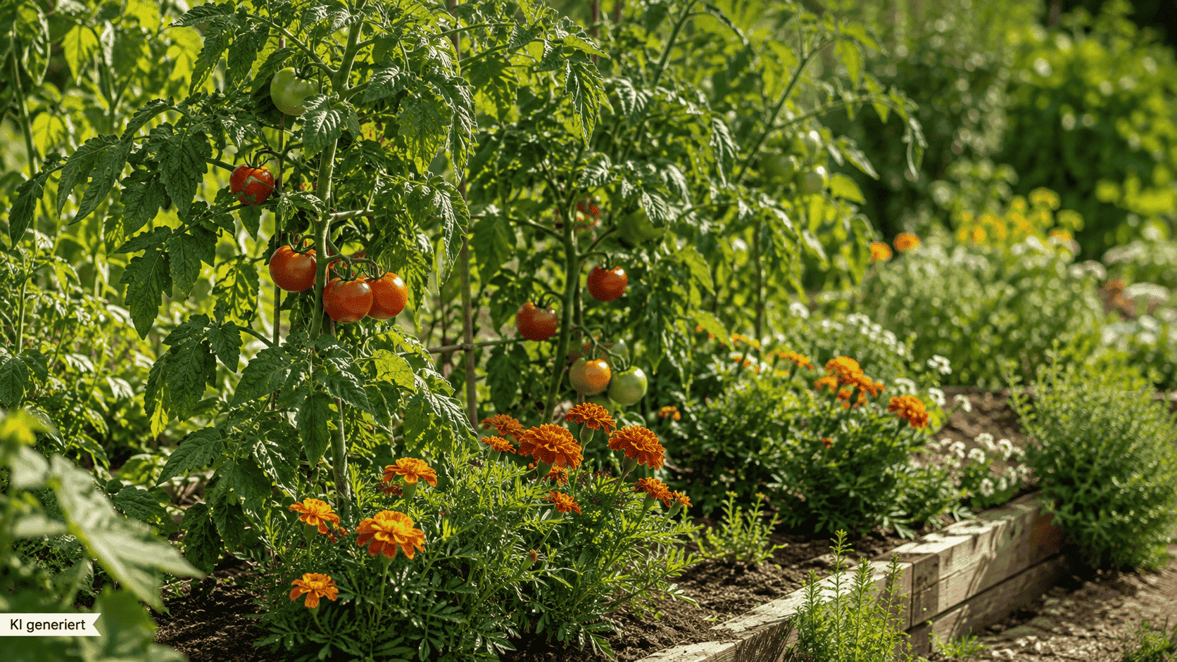 Tomaten und Tagetes wachsen gemeinsam in einem sonnigen, abwechslungsreich bepflanzten Gemüsebeet