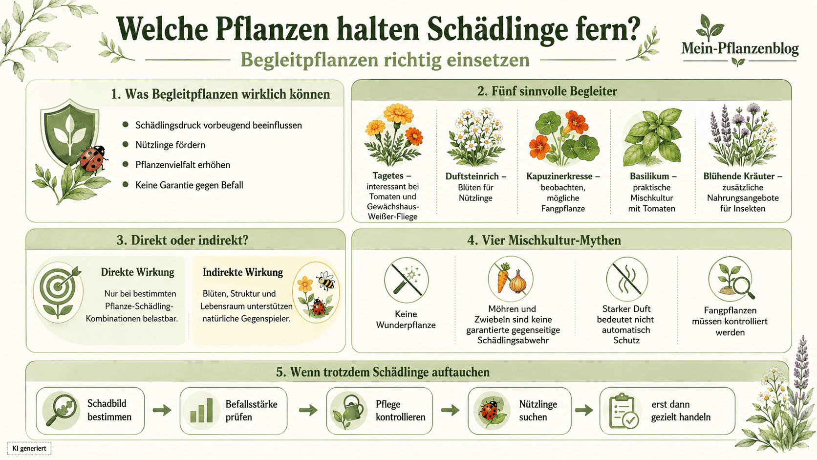 Infografik zu Begleitpflanzen, Nützlingsförderung, Mischkultur-Mythen und dem Vorgehen bei Schädlingsbefall